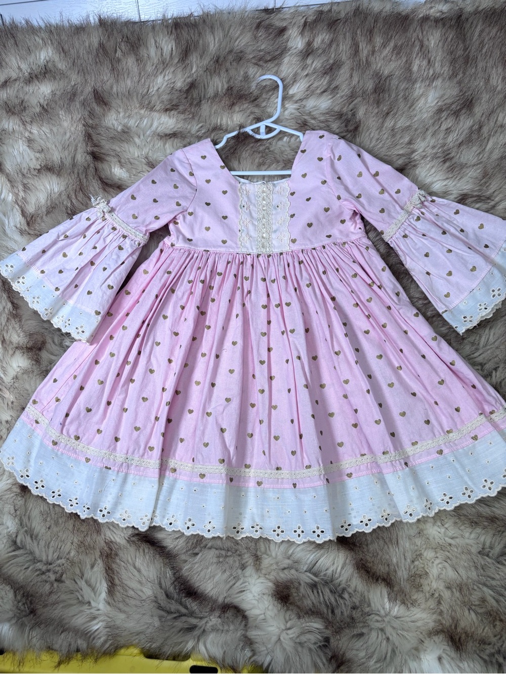 Girls' Pink Heart-Print Lace Trim Dress